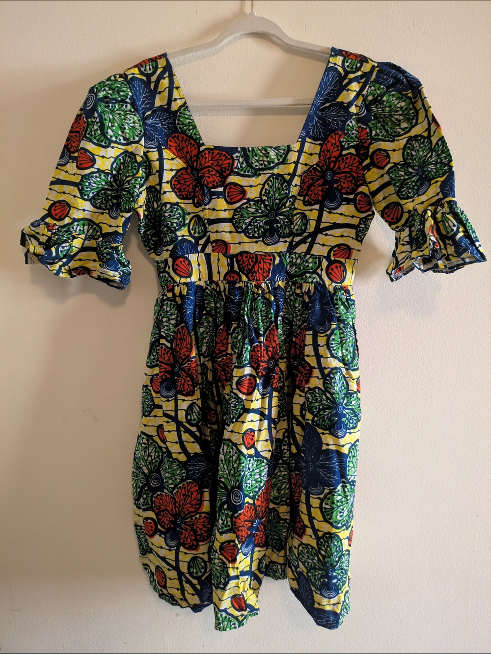Custom Made African Bright Floral Square-Neck Women’s Dress Yellow, Green & Blue